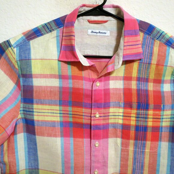 Tommy Bahama Shirt Men Large Short Sleeve Button Linen Red Pink Blue Striped - Picture 1 of 9